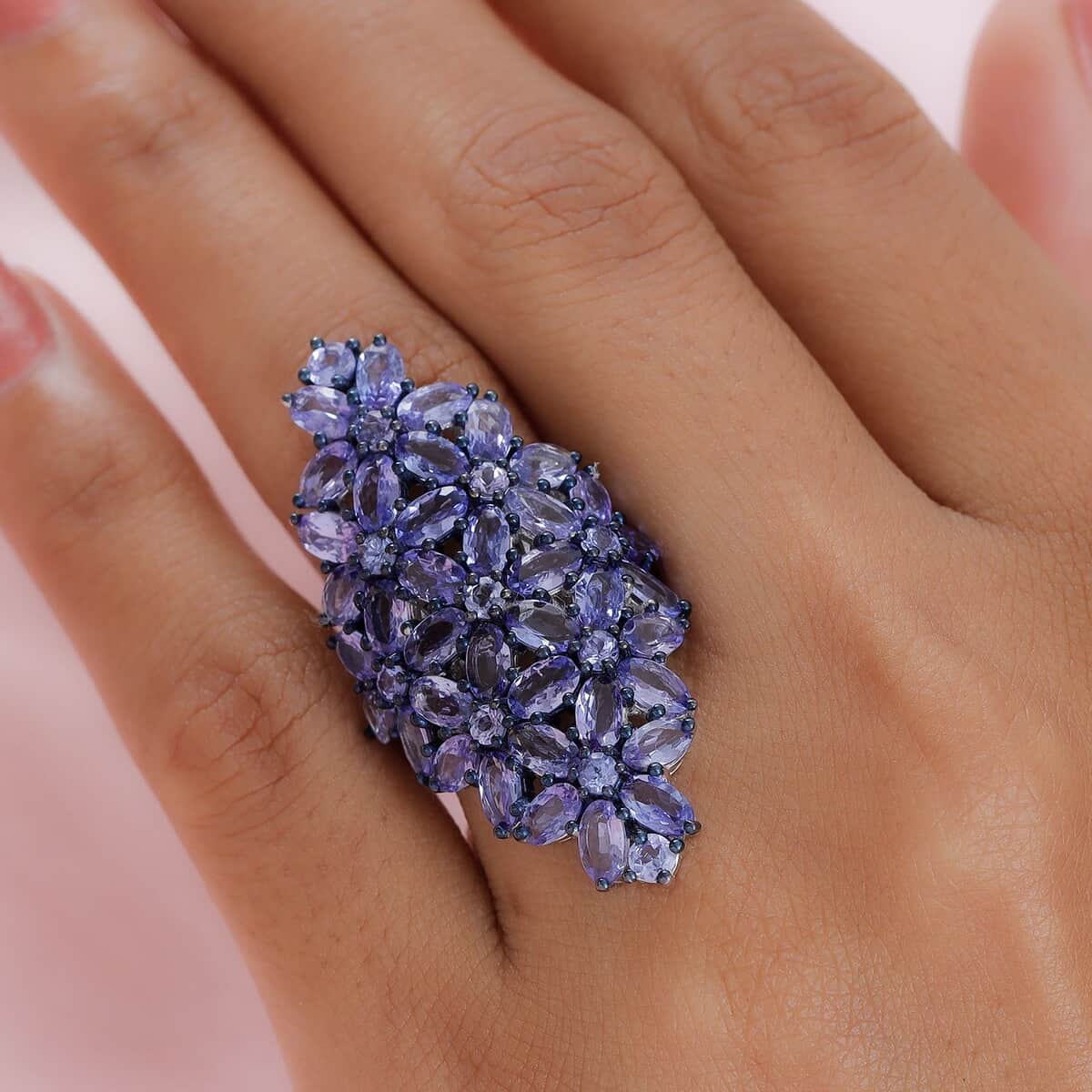 Tanzanite Floral Ring in Rhodium and Platinum Over Sterling Silver 9.80 Grams 8.15 ctw image number 2
