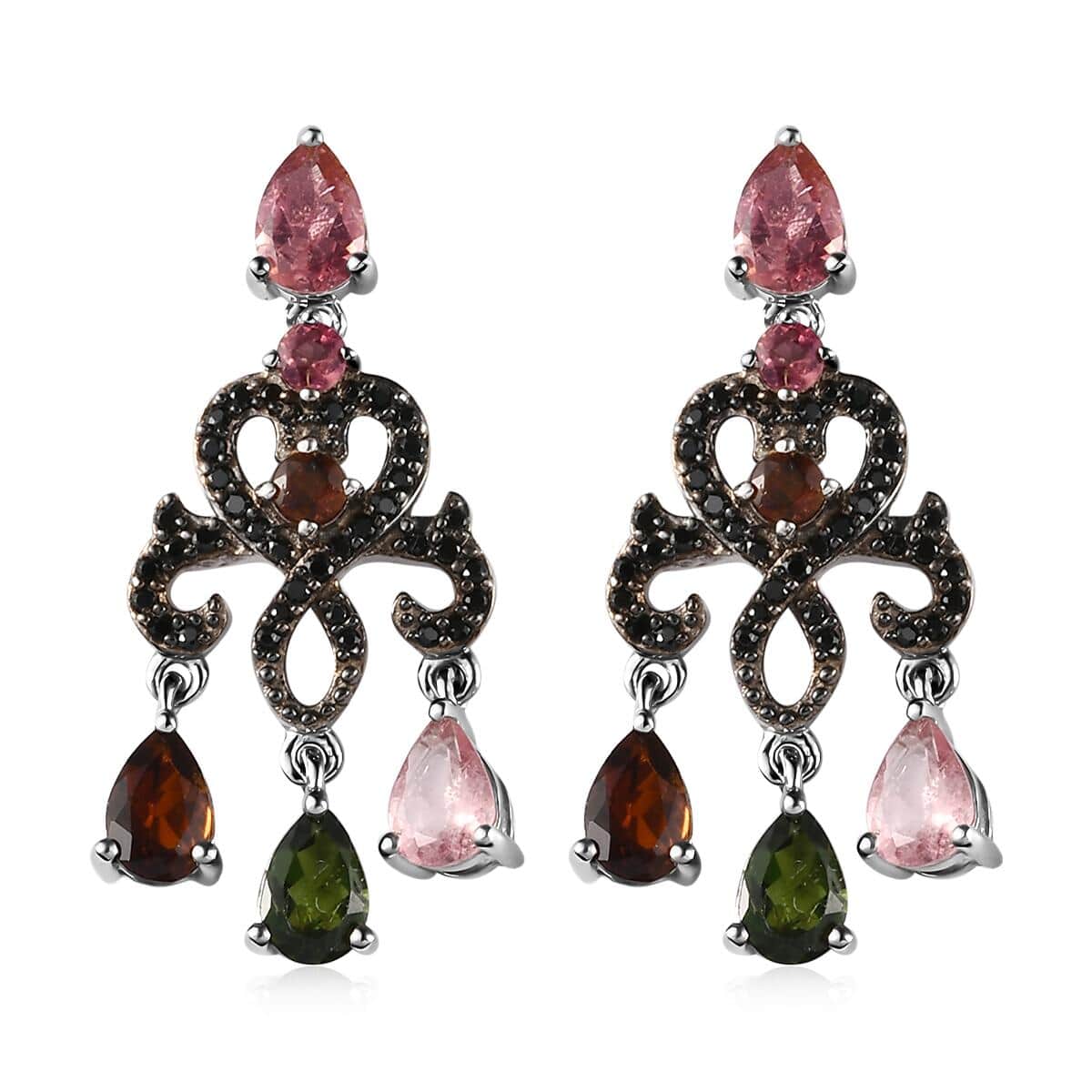 Multi-Tourmaline and Thai Black Spinel Chandelier Earrings in Platinum Over Sterling Silver 3.90 ctw image number 0