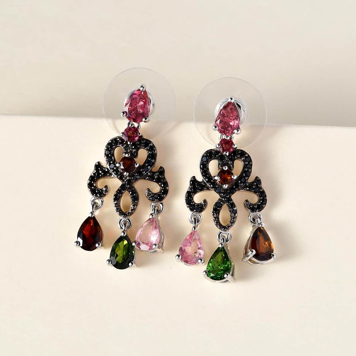 Multi-Tourmaline and Thai Black Spinel Chandelier Earrings in Platinum Over Sterling Silver 3.90 ctw image number 1