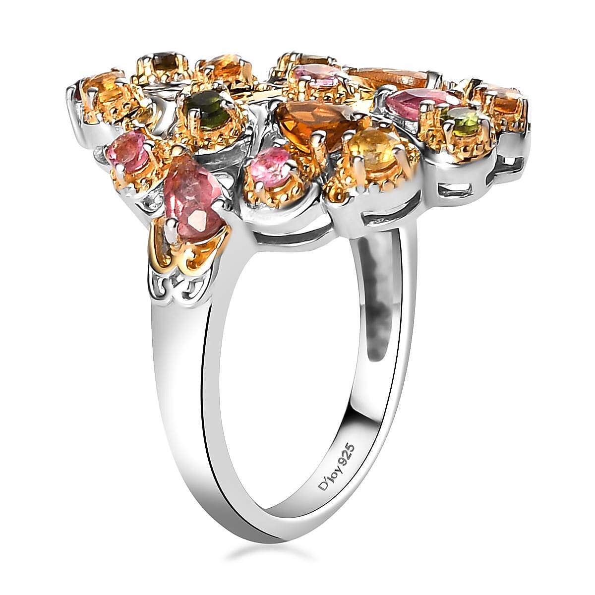 Multi-Tourmaline Cluster Ring in Vermeil Yellow Gold and Platinum Over Sterling Silver (Size 10.0) 1.75 ctw image number 3