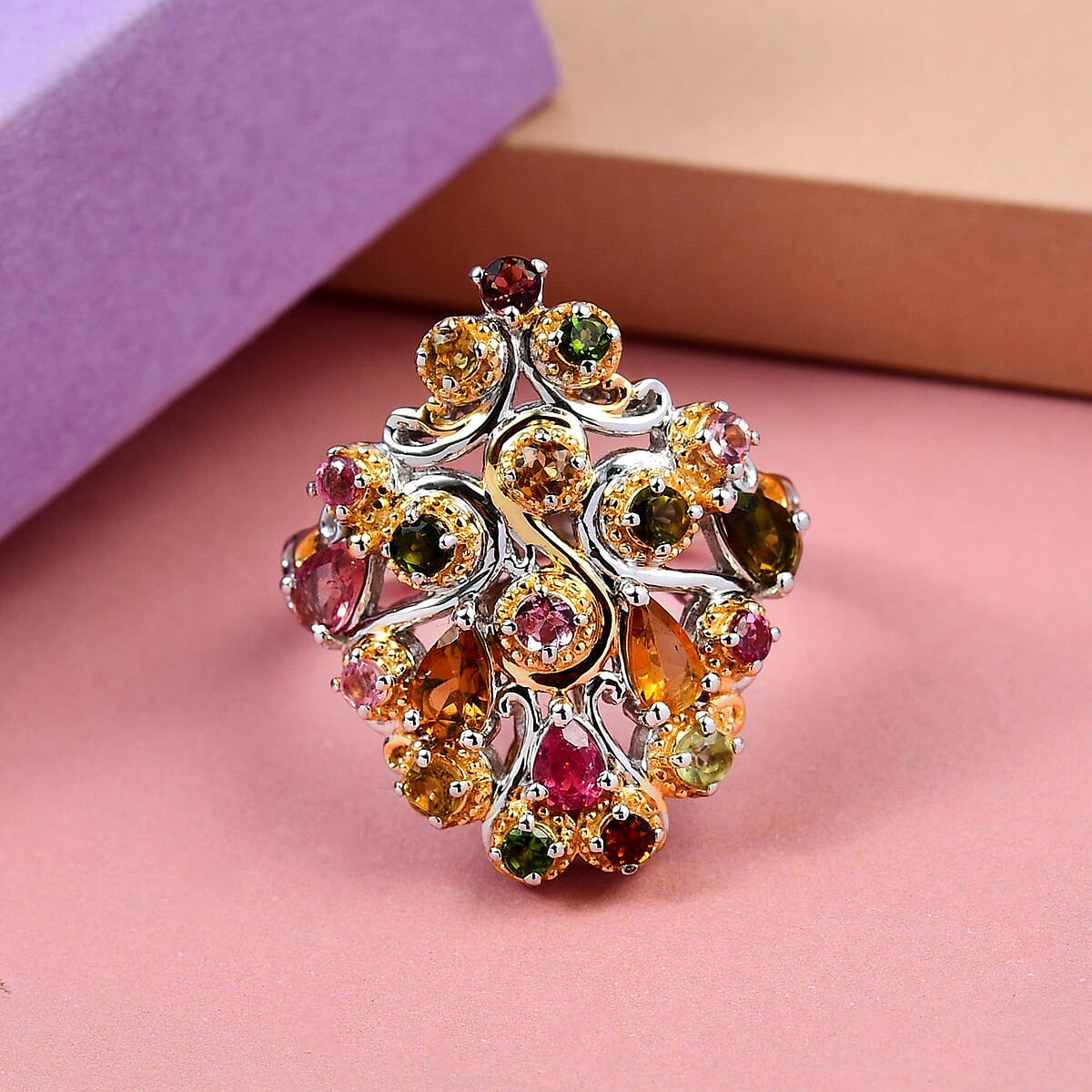 Multi-Tourmaline Cluster Ring in Vermeil Yellow Gold and Platinum Over Sterling Silver (Size 5.0) 1.75 ctw image number 1
