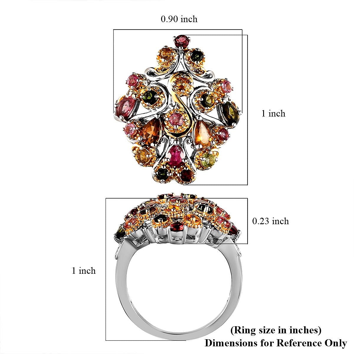Multi-Tourmaline Cluster Ring in Vermeil Yellow Gold and Platinum Over Sterling Silver (Size 5.0) 1.75 ctw image number 5
