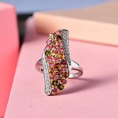 Multi-Tourmaline and White Zircon Elongated Ring in 14K Yellow Gold Over and Platinum Over Sterling Silver (Size 10.0) 2.00 ctw