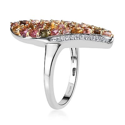 Multi-Tourmaline and White Zircon Elongated Ring in 14K Yellow Gold Over and Platinum Over Sterling Silver (Size 10.0) 2.00 ctw