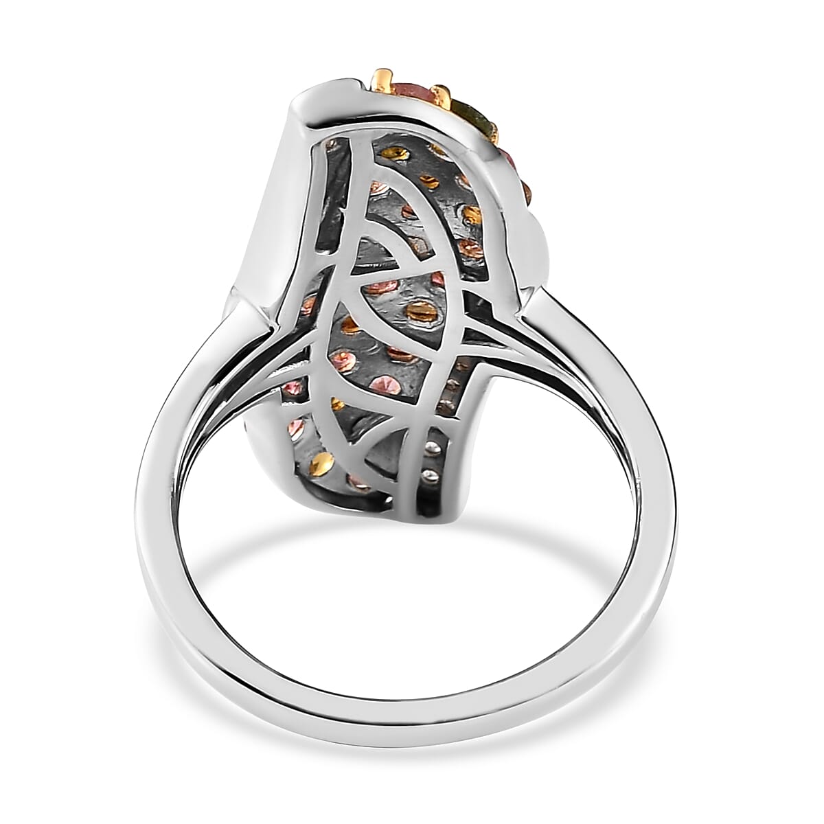 Multi-Tourmaline and White Zircon Elongated Ring in 14K Yellow Gold Over and Platinum Over Sterling Silver (Size 10.0) 2.00 ctw