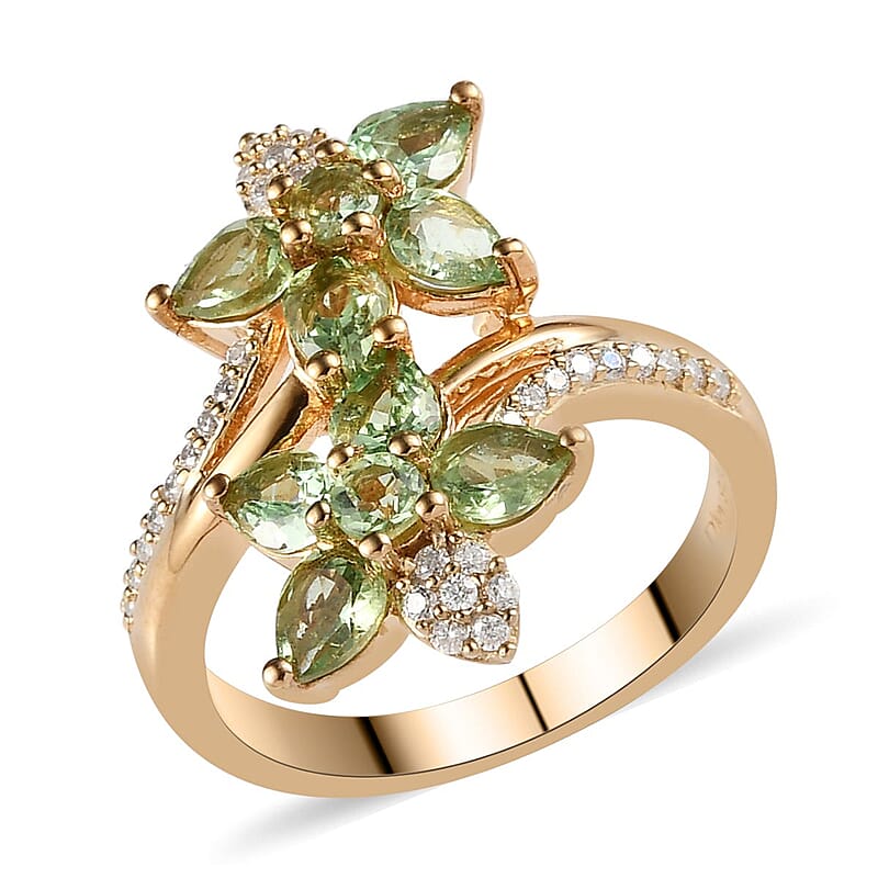 Merelani Mint Garnet and Moissanite Bypass Floral Ring in Vermeil Yellow Gold Over Sterling Silver (Size 10.0) 1.50 ctw