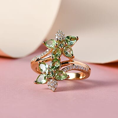 Merelani Mint Garnet and Moissanite Bypass Floral Ring in Vermeil Yellow Gold Over Sterling Silver (Size 10.0) 1.50 ctw
