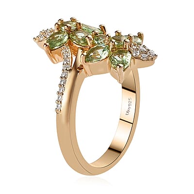 Merelani Mint Garnet and Moissanite Bypass Floral Ring in Vermeil Yellow Gold Over Sterling Silver (Size 10.0) 1.50 ctw