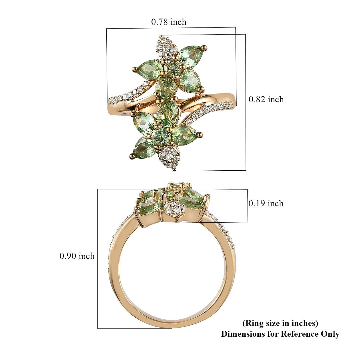 Merelani Mint Garnet and Moissanite Bypass Floral Ring in Vermeil Yellow Gold Over Sterling Silver (Size 10.0) 1.50 ctw