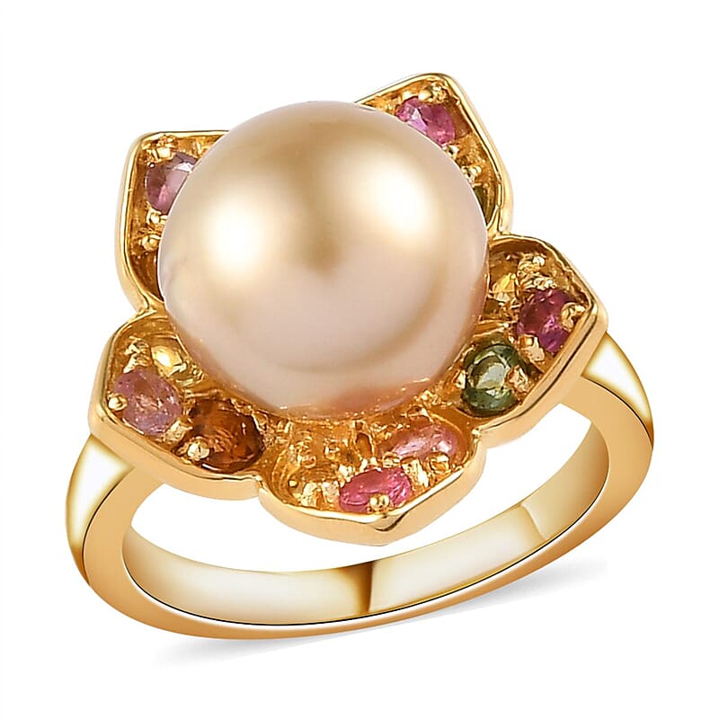 South Sea Pearl and Multi-Tourmaline Floral Ring in Vermeil Yellow Gold Over Sterling Silver (Size 10.0) 0.70 ctw