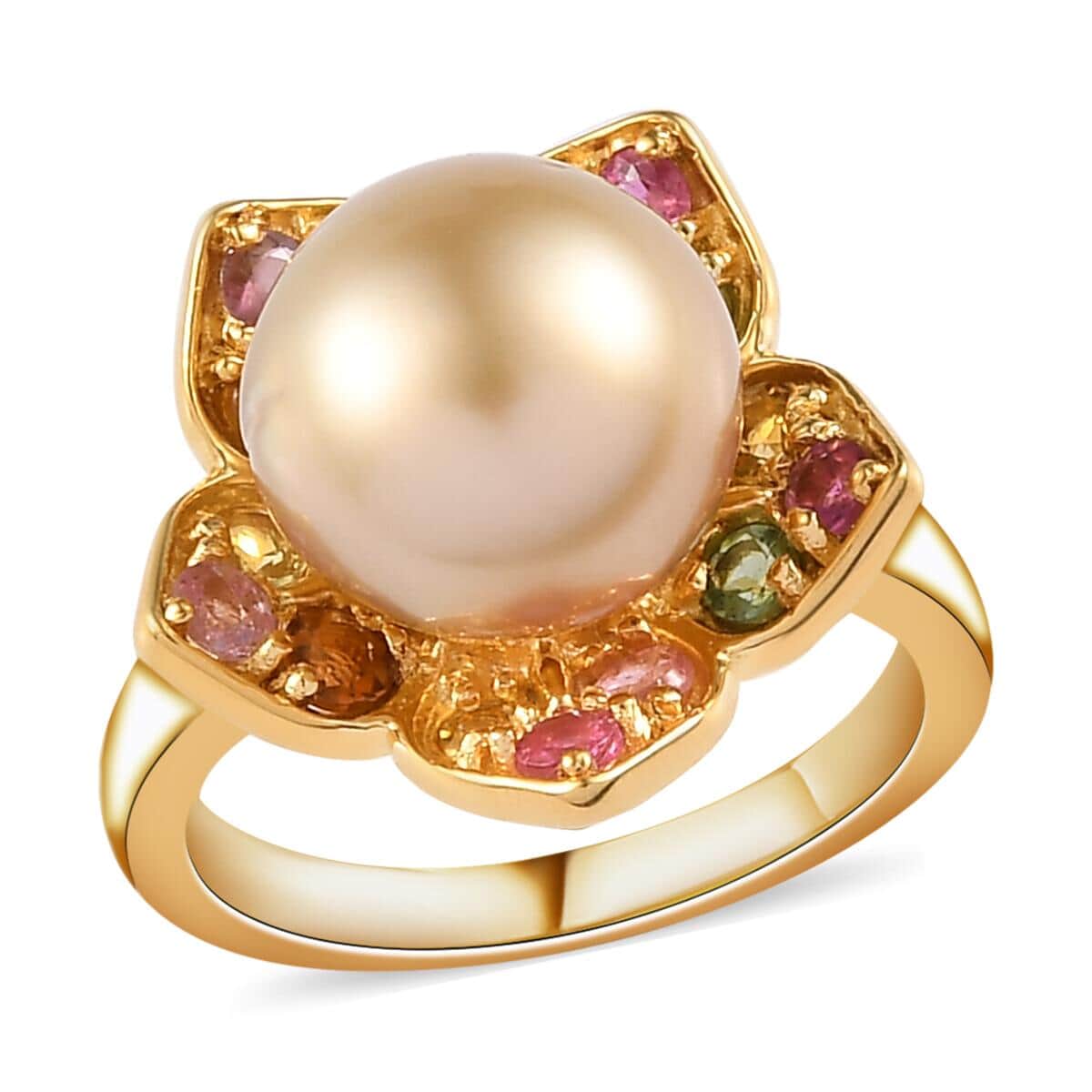 South Sea Golden Cultured Pearl and Multi-Tourmaline Floral Ring in Vermeil Yellow Gold Over Sterling Silver 0.70 ctw image number 0
