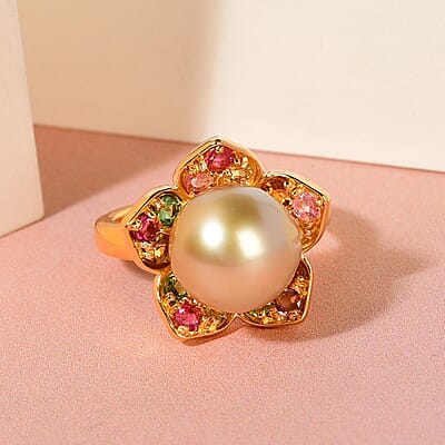 South Sea Pearl and Multi-Tourmaline Floral Ring in Vermeil Yellow Gold Over Sterling Silver (Size 10.0) 0.70 ctw