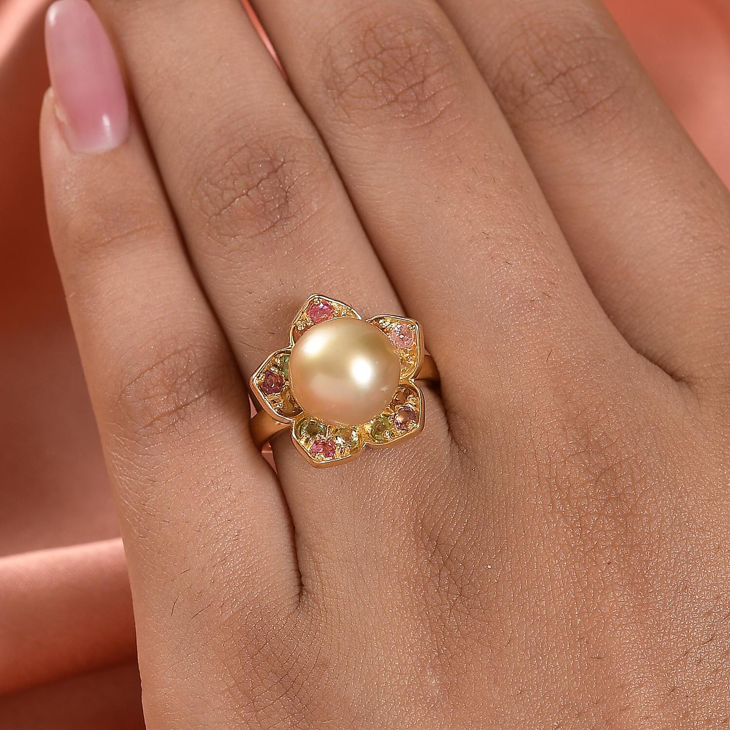South Sea Pearl and Multi-Tourmaline Floral Ring in Vermeil Yellow Gold Over Sterling Silver (Size 10.0) 0.70 ctw