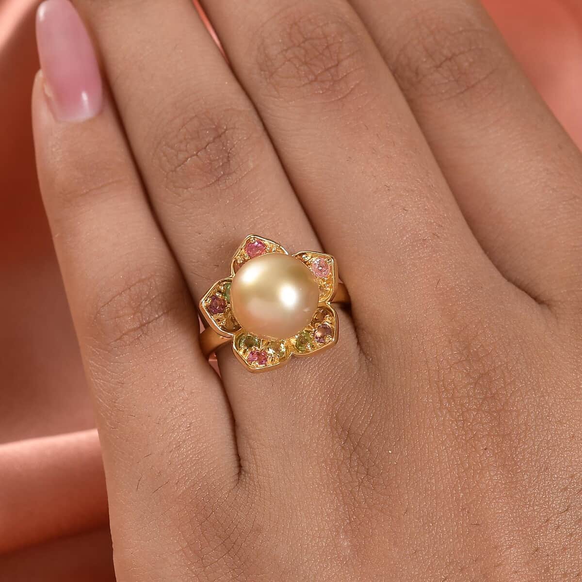 South Sea Golden Cultured Pearl and Multi-Tourmaline Floral Ring in Vermeil Yellow Gold Over Sterling Silver 0.70 ctw image number 2