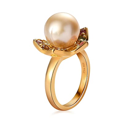 South Sea Pearl and Multi-Tourmaline Floral Ring in Vermeil Yellow Gold Over Sterling Silver (Size 10.0) 0.70 ctw