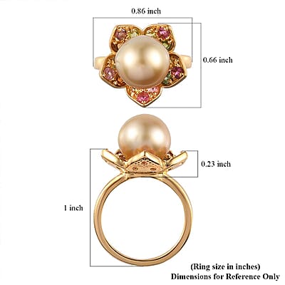 South Sea Pearl and Multi-Tourmaline Floral Ring in Vermeil Yellow Gold Over Sterling Silver (Size 10.0) 0.70 ctw