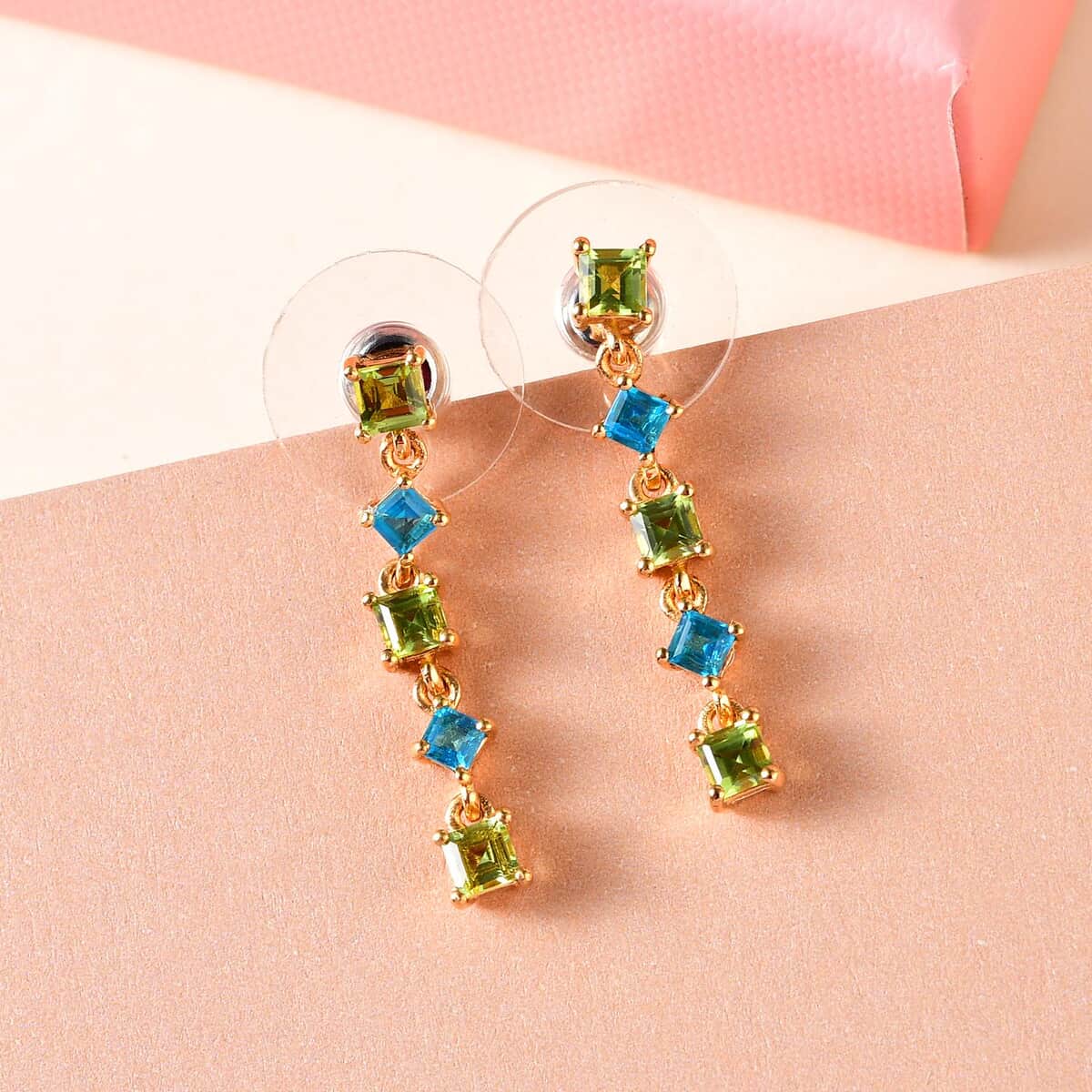 Arizona Peridot and Malgache Neon Apatite Dangle Earrings in Vermeil Yellow Gold Over Sterling Silver 1.35 ctw image number 1