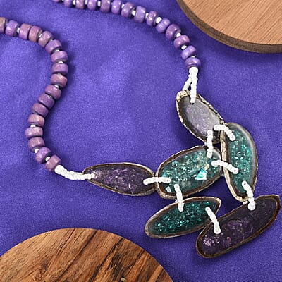 Purple Color Beaded, Shell and Resin Necklace (21 Inches) 60.00 ctw