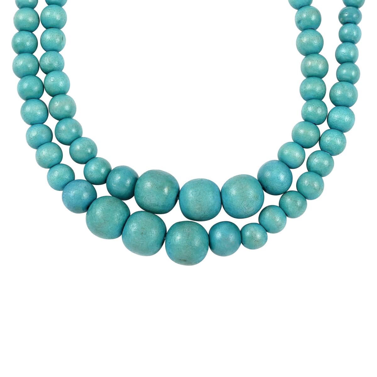 Turquoise Color Wooden Beaded Double Row Necklace 18 Inches in Stainless Steel image number 2