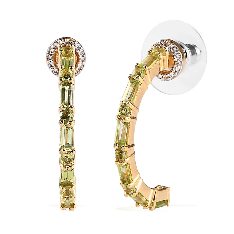 Arizona Peridot and White Zircon J Hoop Earrings in Vermeil Yellow Gold Over Sterling Silver 1.90 ctw