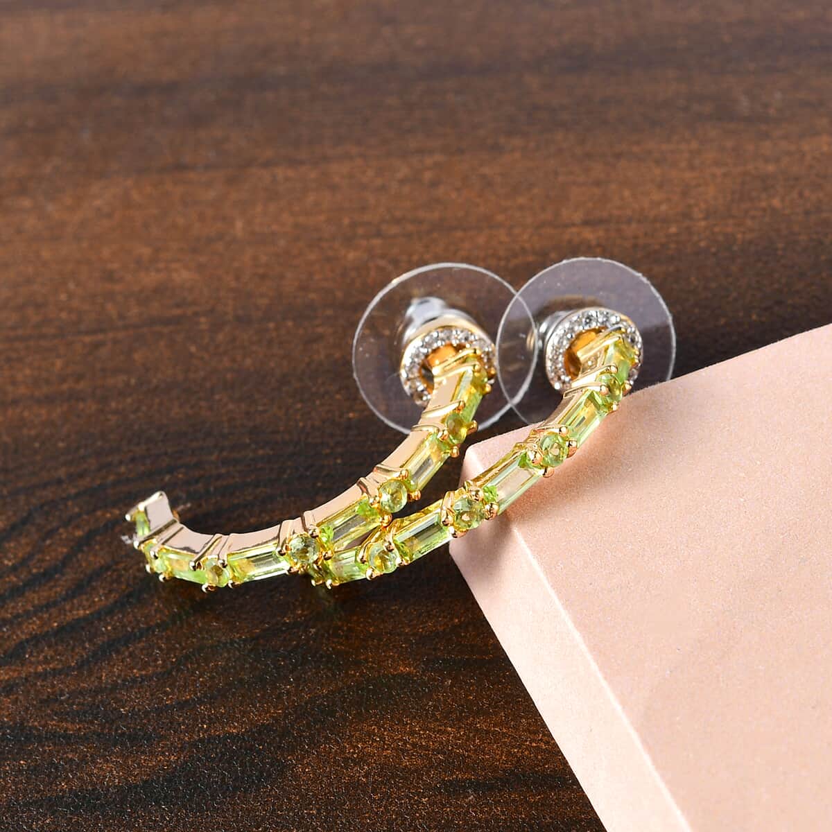 Arizona Peridot and White Zircon J Hoop Earrings in Vermeil Yellow Gold Over Sterling Silver 1.90 ctw image number 1