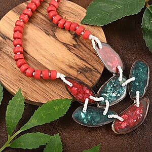Red Color Beaded, Shell and Resin Necklace (21 Inches) 60.00 ctw
