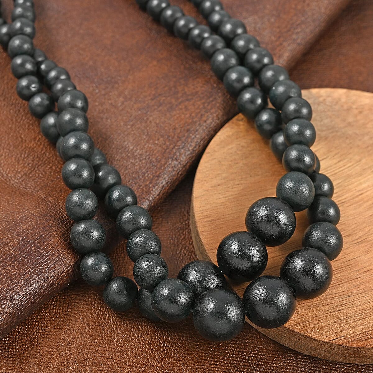 Black Color Wooden Beaded Double Row Necklace (18-20 Inches) in Stainless Steel , Tarnish-Free, Waterproof, Sweat Proof Jewelry image number 1