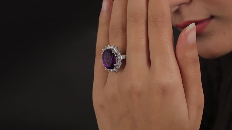 Amethyst and Natural White Zircon Halo Ring in Platinum Over Sterling Silver (Size 10.0) 11.50 ctw