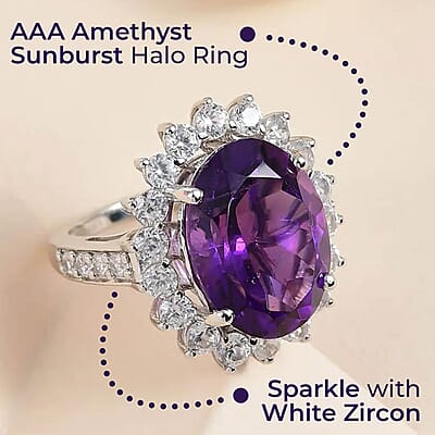 AAA Amethyst Sunburst Halo Ring,  White Zircon Accent Ring, Platinum Over Sterling Silver Ring, Amethyst Ring, Birthday Gift For Her 11.50 ctw