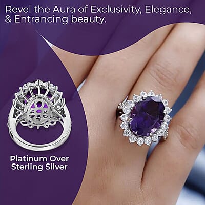 AAA Amethyst Sunburst Halo Ring,  White Zircon Accent Ring, Platinum Over Sterling Silver Ring, Amethyst Ring, Birthday Gift For Her 11.50 ctw
