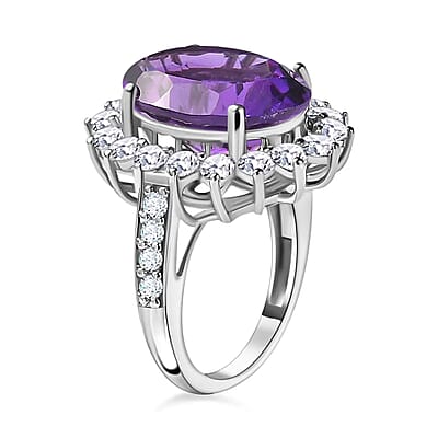 AAA Amethyst Sunburst Halo Ring,  White Zircon Accent Ring, Platinum Over Sterling Silver Ring, Amethyst Ring, Birthday Gift For Her 11.50 ctw