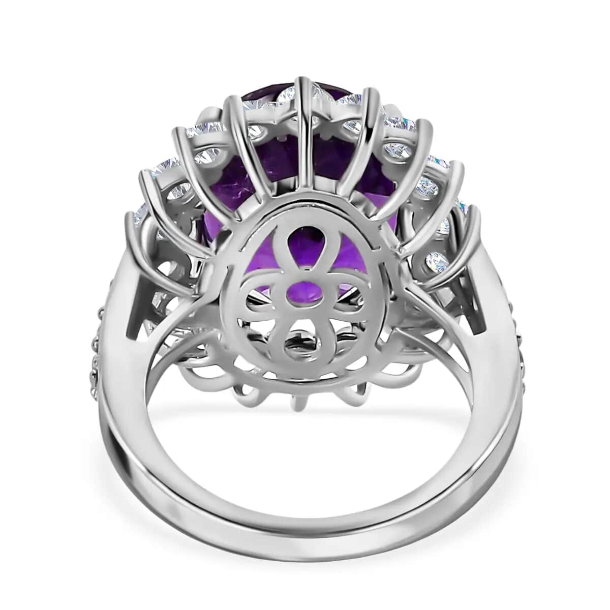 Amethyst and Natural White Zircon Halo Ring in Platinum Over Sterling Silver (Size 10.0) 11.50 ctw image number 4