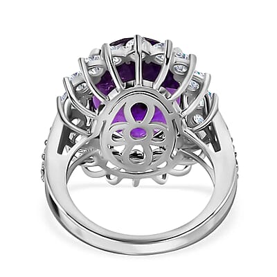 AAA Amethyst Sunburst Halo Ring,  White Zircon Accent Ring, Platinum Over Sterling Silver Ring, Amethyst Ring, Birthday Gift For Her 11.50 ctw