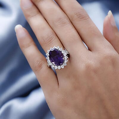 AAA Amethyst Sunburst Halo Ring,  White Zircon Accent Ring, Platinum Over Sterling Silver Ring, Amethyst Ring, Birthday Gift For Her 11.50 ctw
