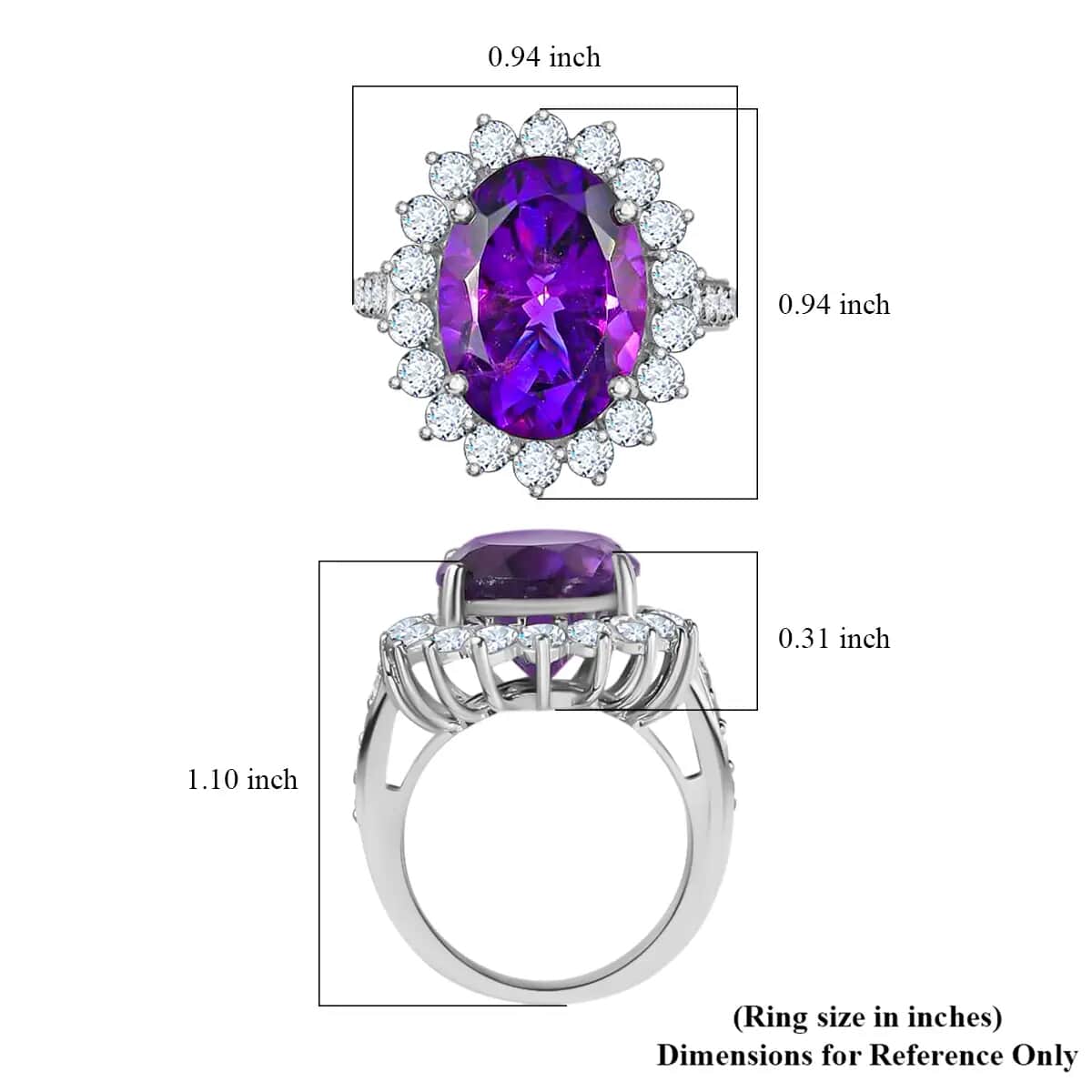 AAA Amethyst Sunburst Halo Ring,  White Zircon Accent Ring, Platinum Over Sterling Silver Ring, Amethyst Ring, Birthday Gift For Her 11.50 ctw image number 6