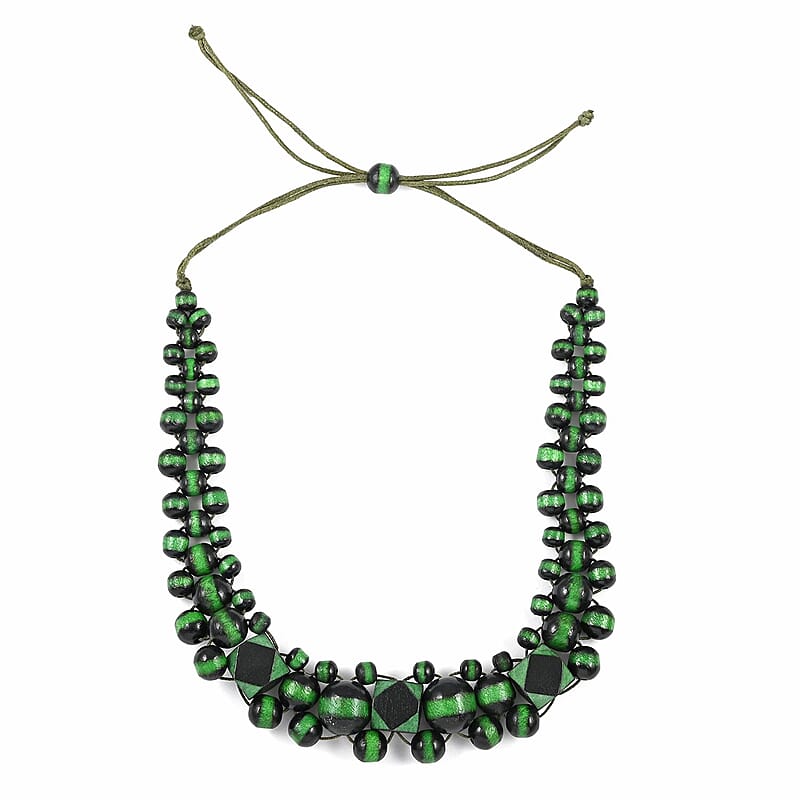 Green Color Wooden Beaded Adjustable Necklace 25-32 Inches