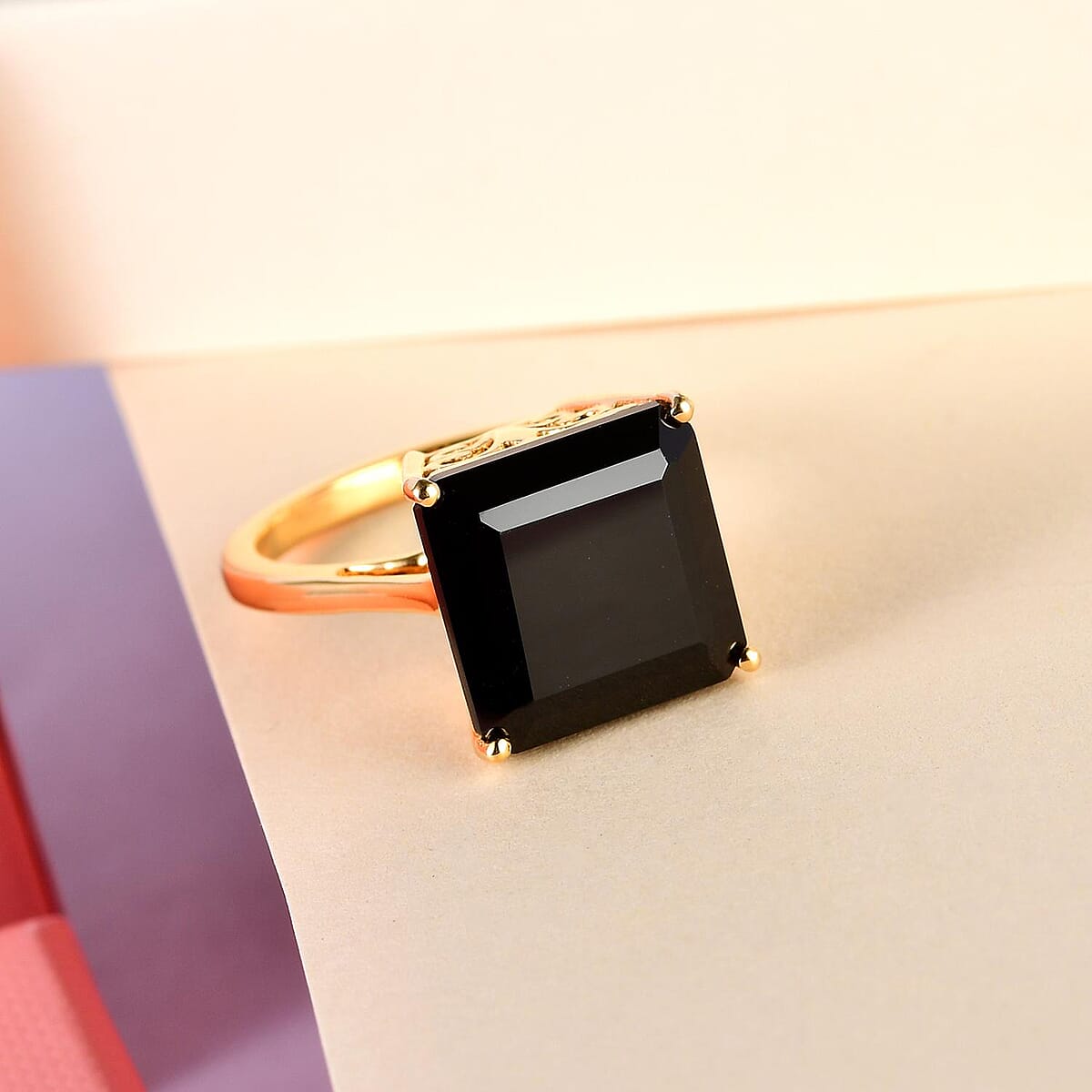 Asscher Cut Thai Black Spinel Solitaire Ring in Vermeil Yellow Gold Over Sterling Silver (Size 8.0) 11.00 ctw image number 1