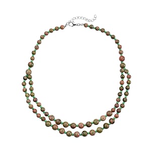 Unakite and Green Glass 166.00 ctw 2 Row Beaded Necklace 18-20 Inches in Silvertone