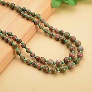 Unakite and Green Glass 166.00 ctw 2 Row Beaded Necklace 18-20 Inches in Silvertone