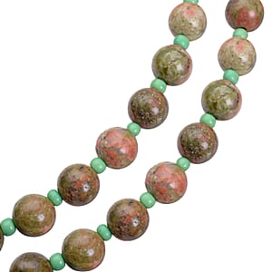 Unakite and Green Glass 166.00 ctw 2 Row Beaded Necklace 18-20 Inches in Silvertone