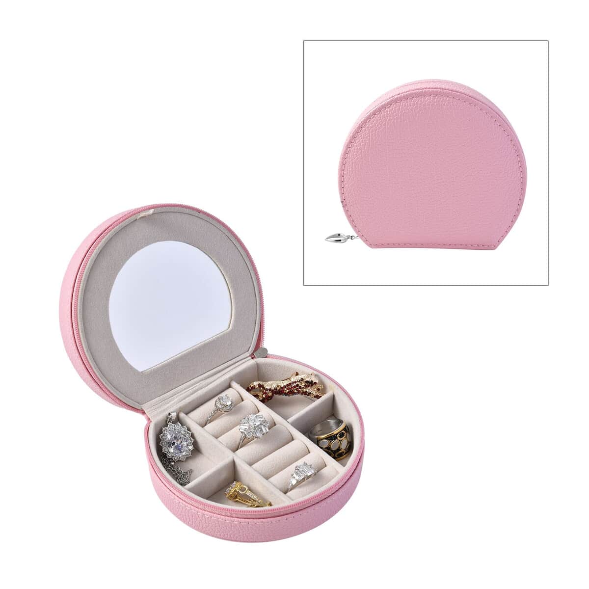 Pink Double Layer Faux Leather Jewelry Box with Zipper (4.9"x4.3"x2") image number 0
