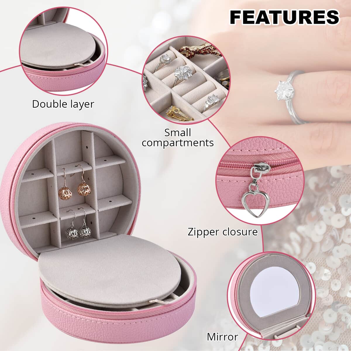Pink Double Layer Faux Leather Jewelry Box with Zipper image number 2