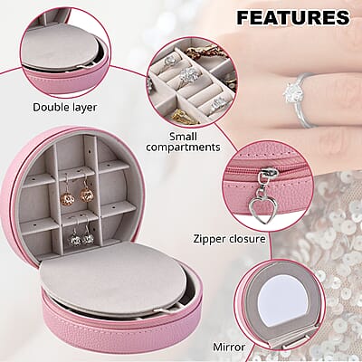 Pink Double Layer Faux Leather Jewelry Box with Zipper