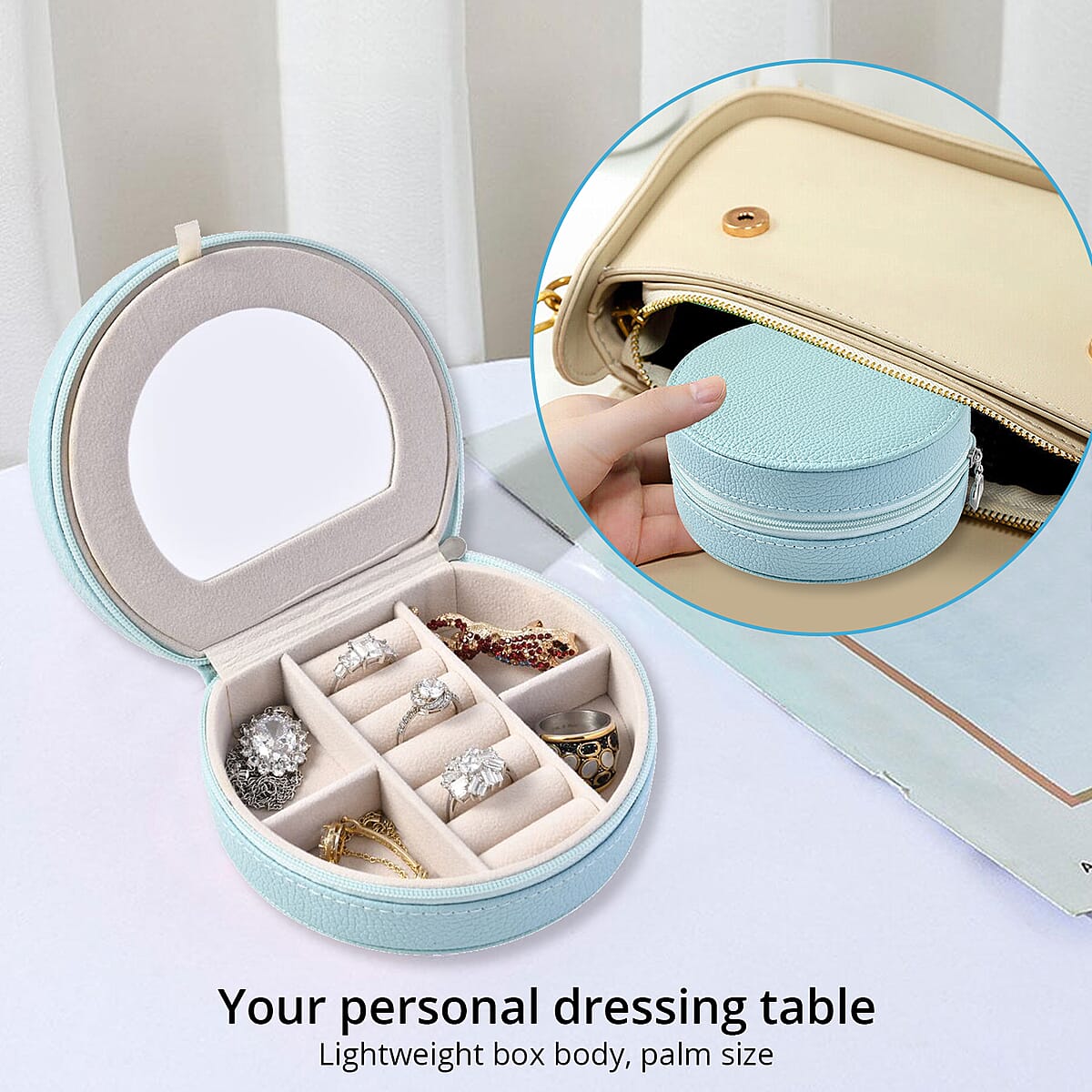 Blue Double Layer Faux Leather Jewelry Box with Zipper image number 1