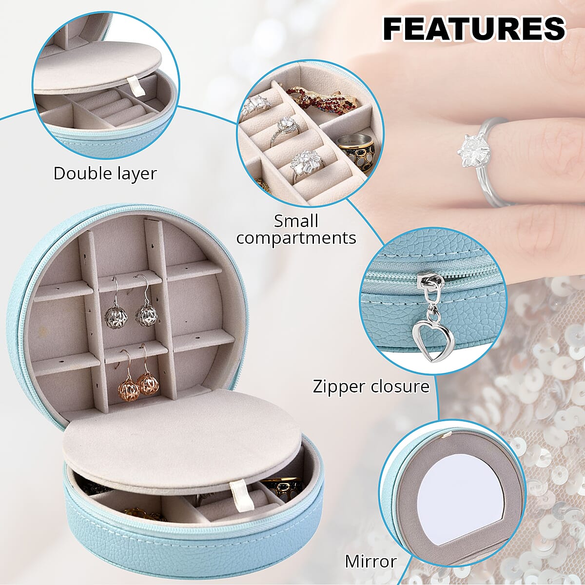 Blue Double Layer Faux Leather Jewelry Box with Zipper image number 2