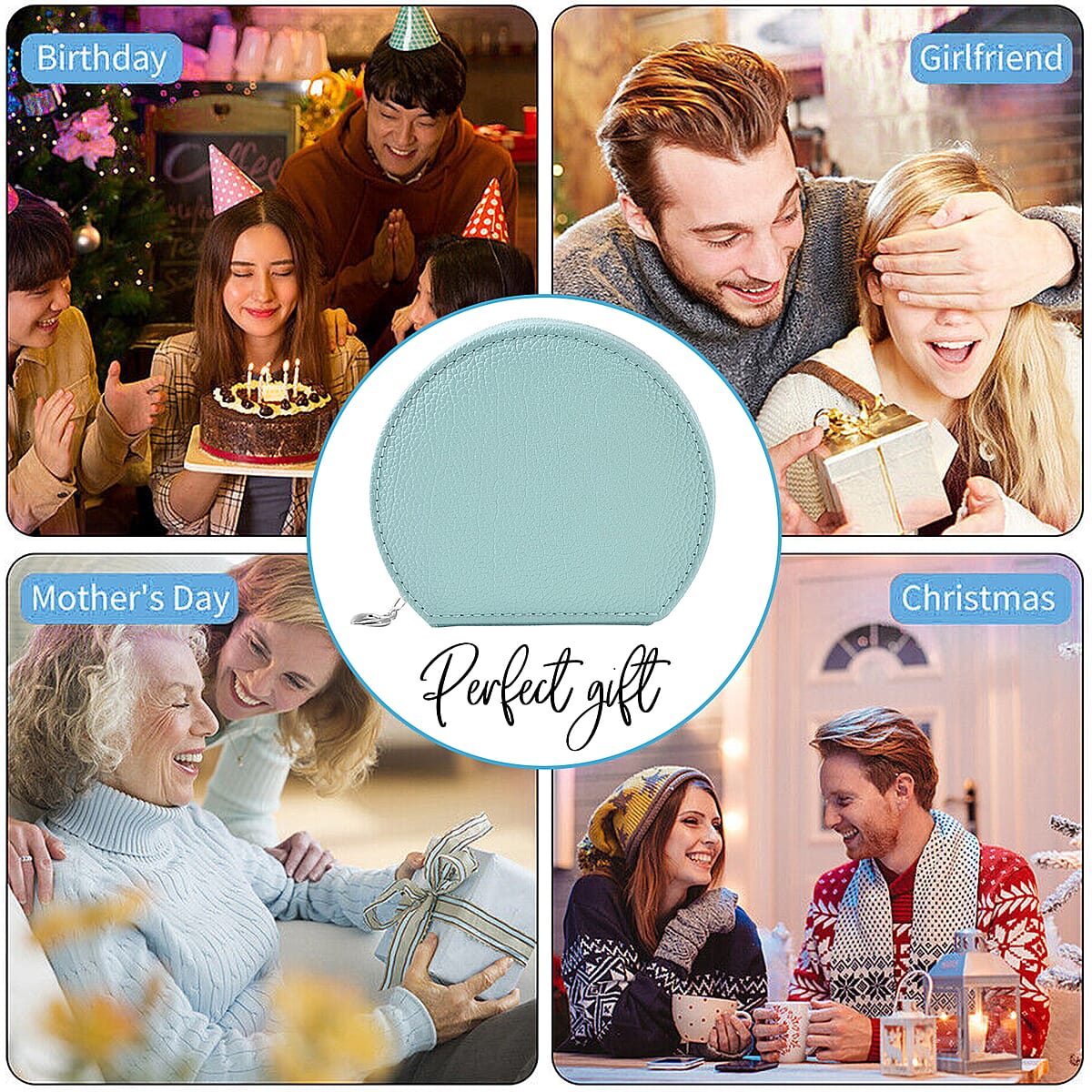 Blue Double Layer Faux Leather Jewelry Box with Zipper image number 3