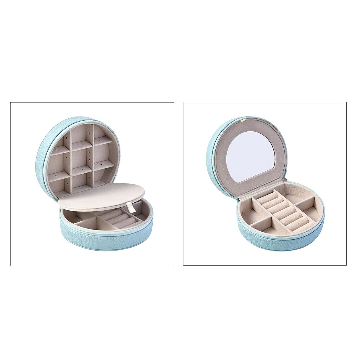 Blue Double Layer Faux Leather Jewelry Box with Zipper image number 6