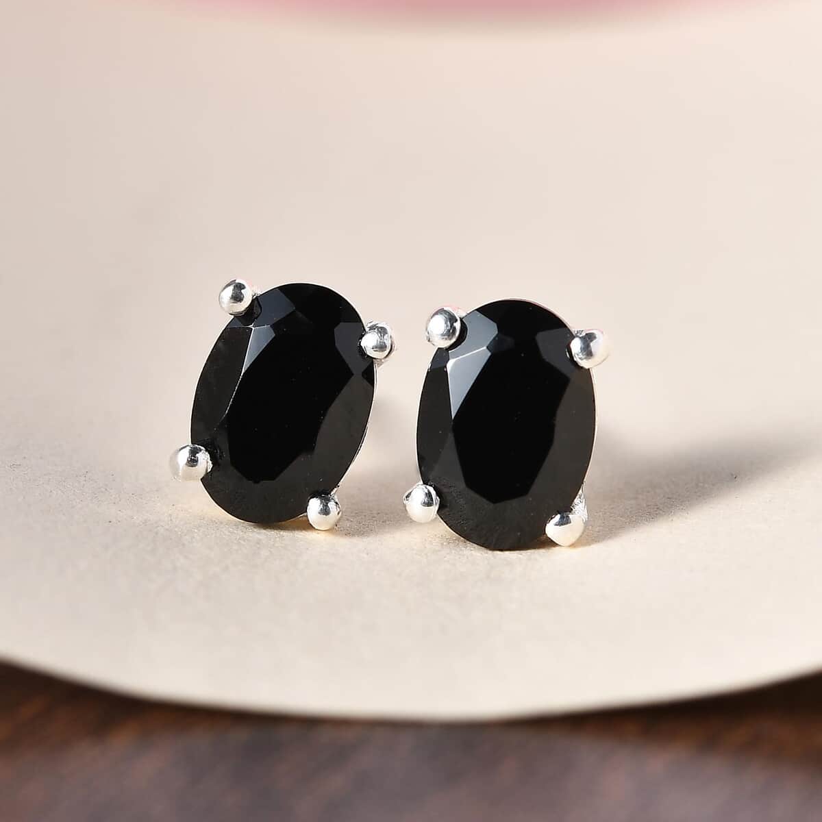 Natural Thai Black Spinel Oval Shape Stud Earrings in Sterling Silver 2.75 ctw image number 1