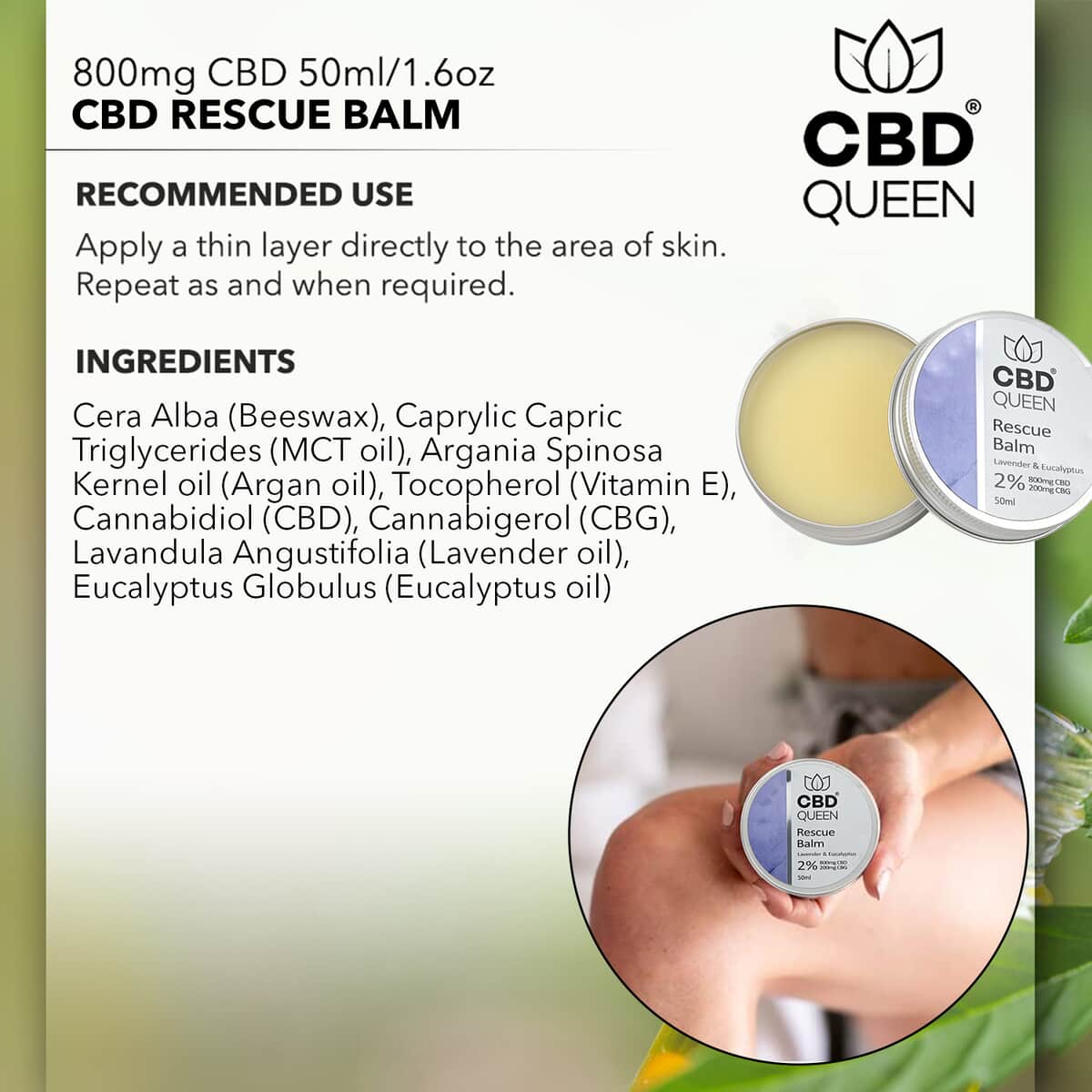 CBD Queen 800mg CBD Lavender & Eucalyptus Rescue Balm (Ships in 6-10 Days) image number 3