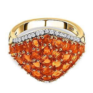 Fire Opal and White Zircon 2.28 ctw Cluster Ring in 14K Yellow Gold Over Sterling Silver (Size 11.5)